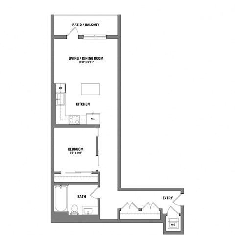 Floor plan for 1 bed, 1 bath, 736 sqft